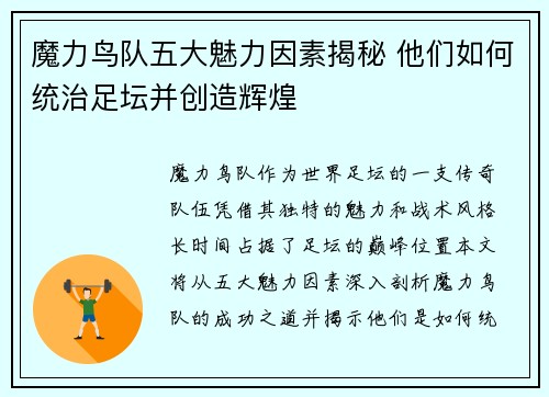 魔力鸟队五大魅力因素揭秘 他们如何统治足坛并创造辉煌